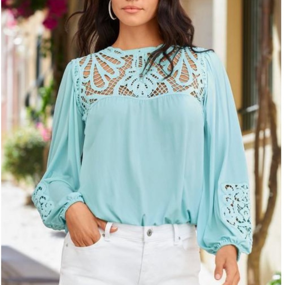Lace Inset Blouson Knit Top COLOR : Airy Blue Size sizeXS - Picture 1 of 8